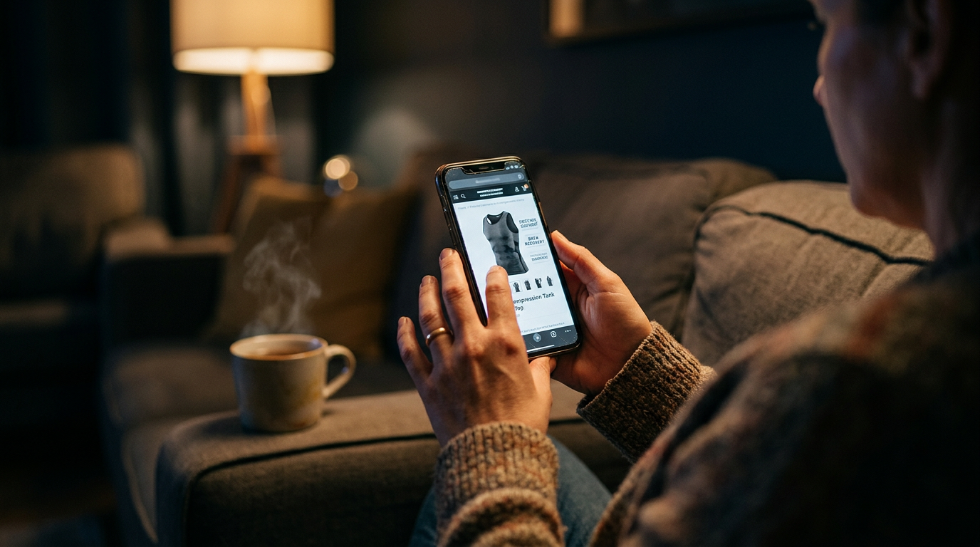 Woman browsing the NORDVEIL compression tank on her phone at home