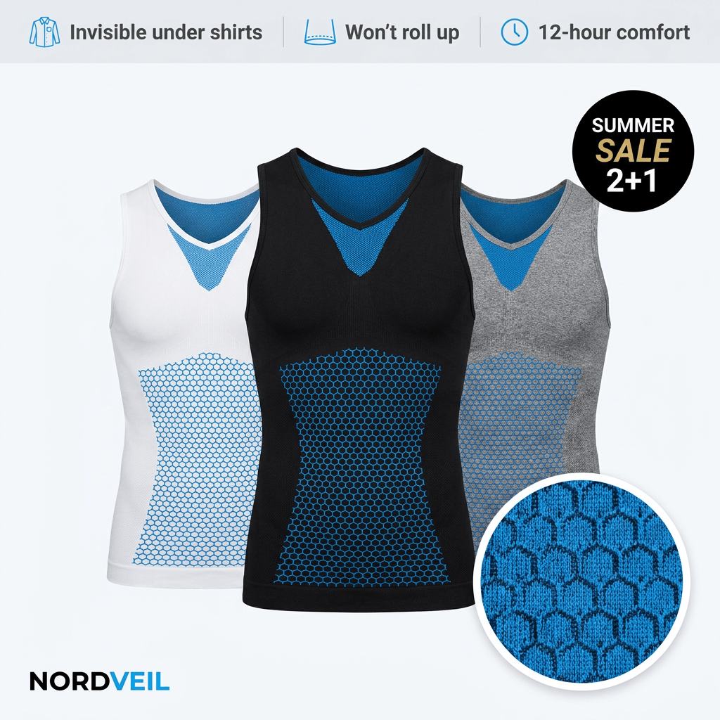 NORDVEIL 3-pack compression tanks in white, black, and grey with blue support panels