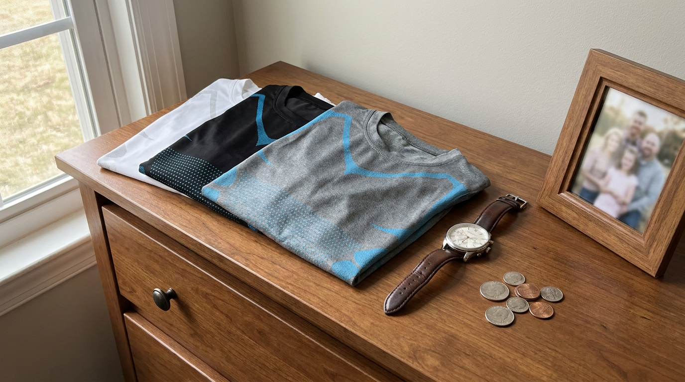Three NORDVEIL compression tanks folded on a dresser beside a watch and family photo