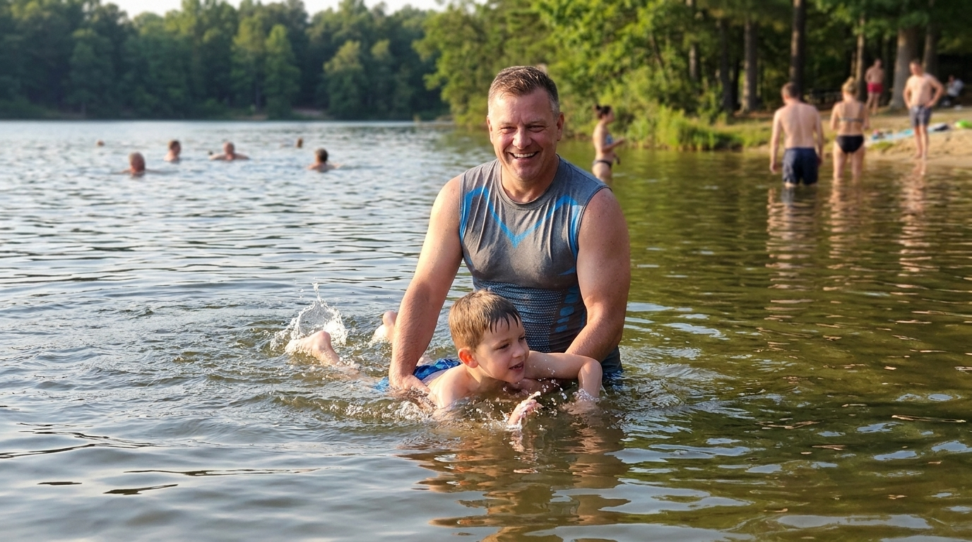 Father and son playing in the lake on a summer afternoon
